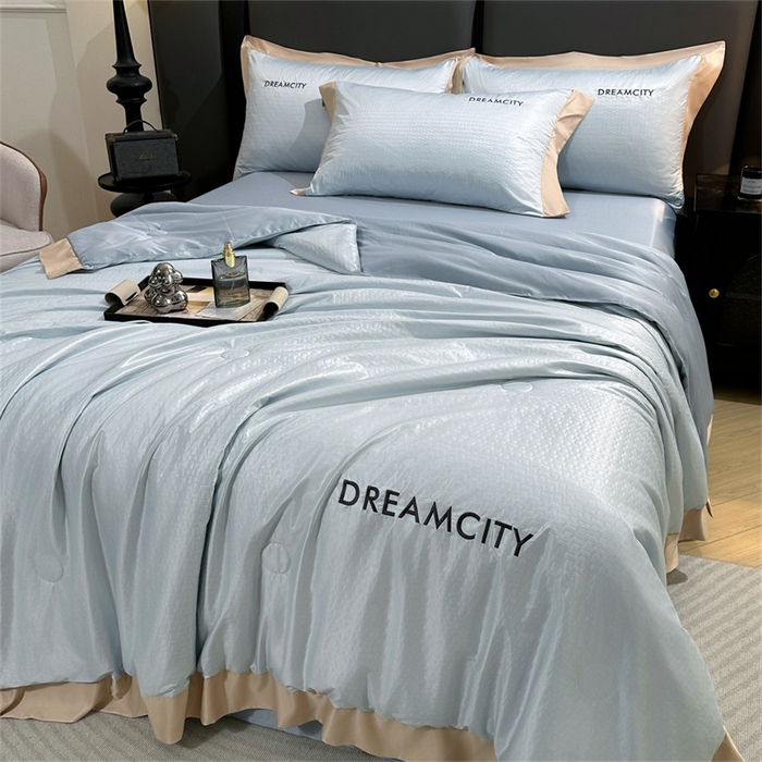 91家纺网 家纺一手货源 找家纺 古吉梦 2024新款水洗真丝提花夏被--迪梦 天空蓝+海青