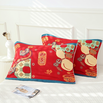 91家纺网 家纺一手货源 找家纺 朴尔毛巾被2024年全棉加厚八层纱布大版花枕巾 如意-大红52*78cm