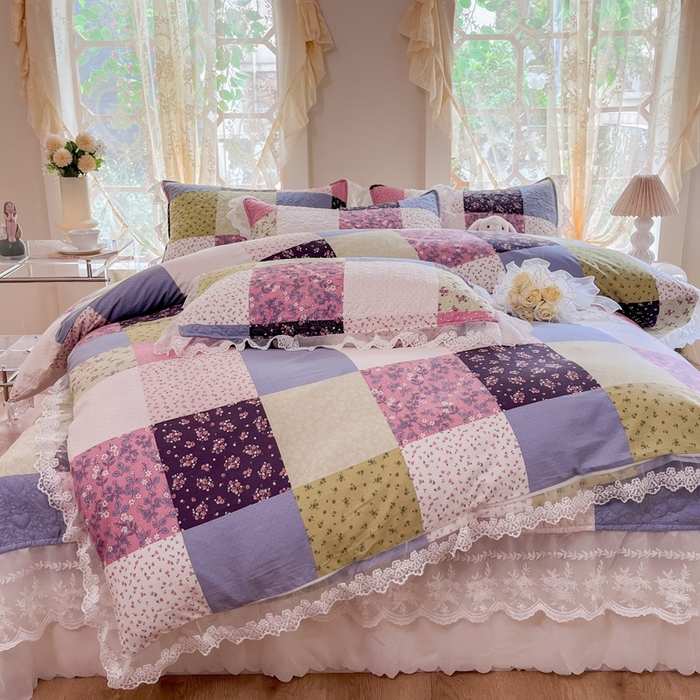 91家纺网 家纺一手货源 找家纺 添越 2024新款雪纺蕾丝款纯棉床盖四件套-百福格