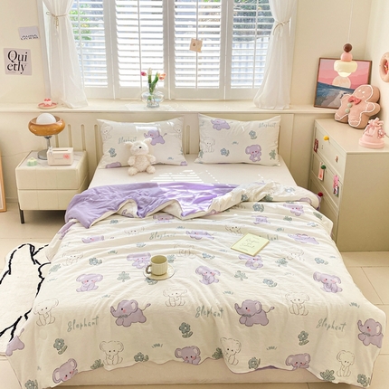 91家纺网 家纺一手货源 找家纺 梵克保罗  2024新款水洗棉印花大豆夏被 紫色小象