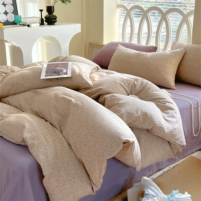 91家纺网 家纺一手货源 找家纺 于果 2024新款全棉双层纱四件套-花黛露豆沙