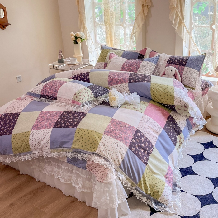 91家纺网 家纺一手货源 找家纺 添越 2024新款雪纺蕾丝款纯棉床盖四件套-百福格