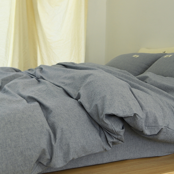 91家纺网 家纺一手货源 找家纺 山舍家居 2024 新款全棉棉麻纯色纽扣四件套 秋蓝