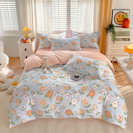 美宜家  2025新款植物羊绒加厚斜纹磨毛单被套四件套 木槿花