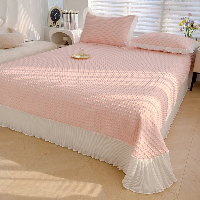 91家纺网 家纺一手货源 找家纺 冬然家纺 2024新款素色花边系列冰豆豆凉席  樱花粉