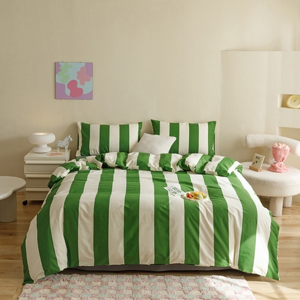 网客家纺 2024新款全棉条纹印花四件套 临西-绿