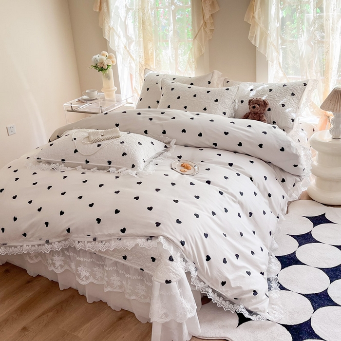 91家纺网 家纺一手货源 找家纺 添越 2024新款雪纺蕾丝款纯棉床盖四件套-比心