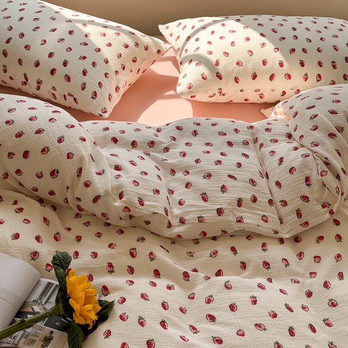 91家纺网 家纺一手货源 找家纺 洋铭区（原狠狠爱）  2024新款皱皱纱四件套 草莓点点