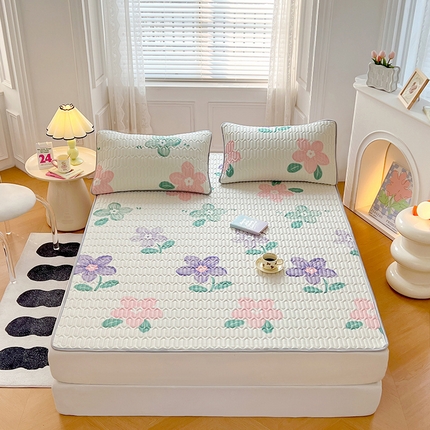 91家纺网 家纺一手货源 找家纺 福来临 2025新款印花凉感丝含胶凉席夏被三件套四件套 含胶凉席-恋恋花语