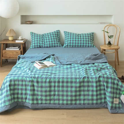 【直播爆款】24新品A类抗菌全棉色织水洗棉夏被四件套夏凉被空调被-蓝绿中格