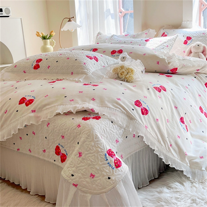 91家纺网 家纺一手货源 找家纺 添越 2024小清新韩版蕾丝花边纯棉夹棉床盖三件套全棉-蝴蝶结