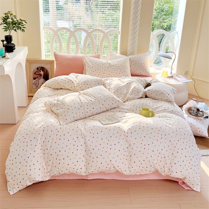 91家纺网 家纺一手货源 找家纺 于果 2024新款全棉双层纱四件套-奶油波点