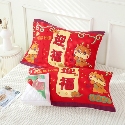 91家纺网 家纺一手货源 找家纺 （总）朴尔毛巾被 2024年全棉加厚八层纱布喜庆民族风婚庆系列枕巾