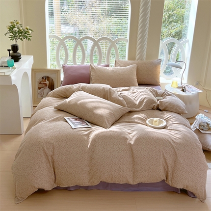 91家纺网 家纺一手货源 找家纺 于果 2024新款全棉双层纱四件套-花黛露豆沙