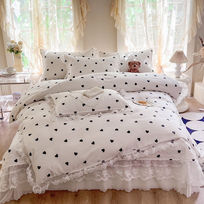 91家纺网 家纺一手货源 找家纺 添越 2024新款雪纺蕾丝款纯棉床盖四件套-比心