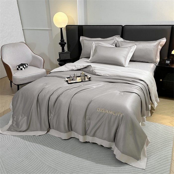 91家纺网 家纺一手货源 找家纺 古吉梦 2024新款水洗真丝提花夏被--迪梦 中灰+山灰