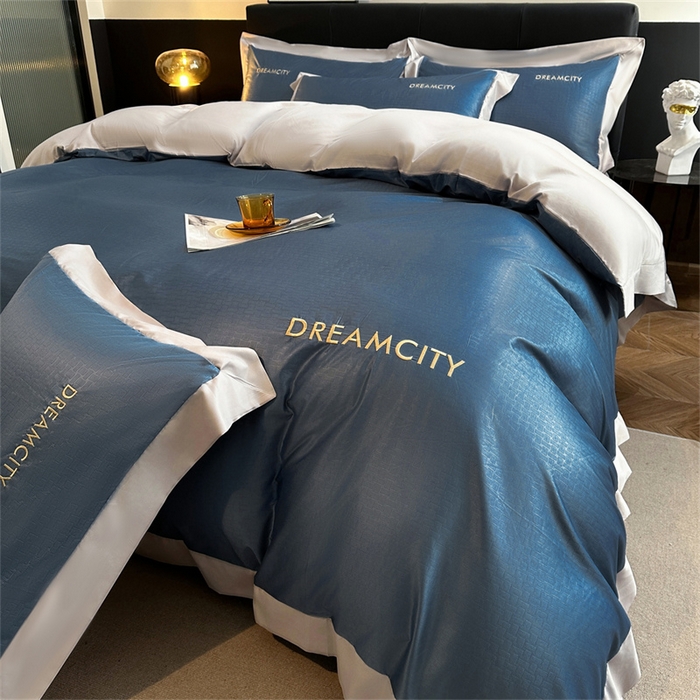 91家纺网 家纺一手货源 找家纺 古吉梦 2024新款水洗真丝提花四件套--迪梦  星空蓝+山灰