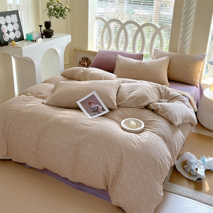 91家纺网 家纺一手货源 找家纺 于果 2024新款全棉双层纱四件套-花黛露豆沙