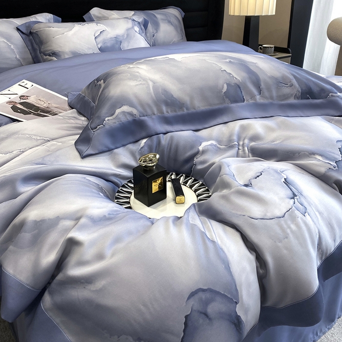 91家纺网 家纺一手货源 找家纺 优悦生活馆 2024新款轻奢天丝印花宽边拼角四件套系列-漫漫格调 漫漫格调-蓝