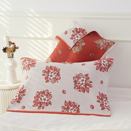 朴尔毛巾被2024年新品全棉细纱编织纹AB版透气枕巾 格子草莓52*78cm