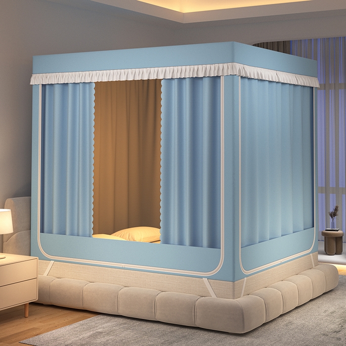 91家纺网 家纺一手货源 找家纺 世婕 2025新款坐床式防摔遮光蚊帐（免拼接烤漆支架）纯色帘子天空蓝