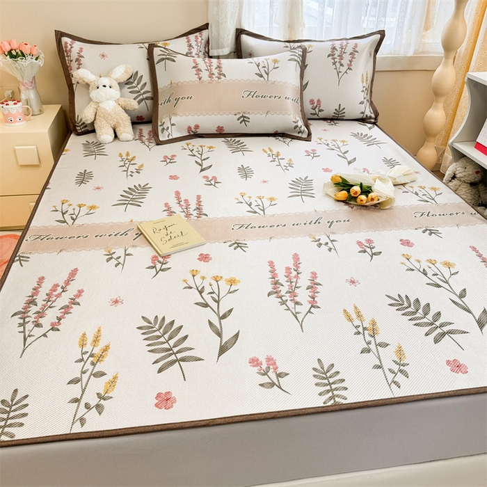 91家纺网 家纺一手货源 找家纺 懒猫家纺 2024新款600D数码印花冰藤凉席-床笠款 花枝招展-床笠款