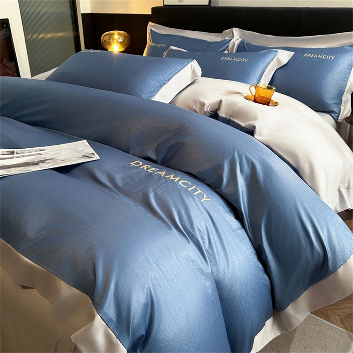 91家纺网 家纺一手货源 找家纺 古吉梦 2024新款水洗真丝提花四件套--迪梦  宾利蓝+山灰