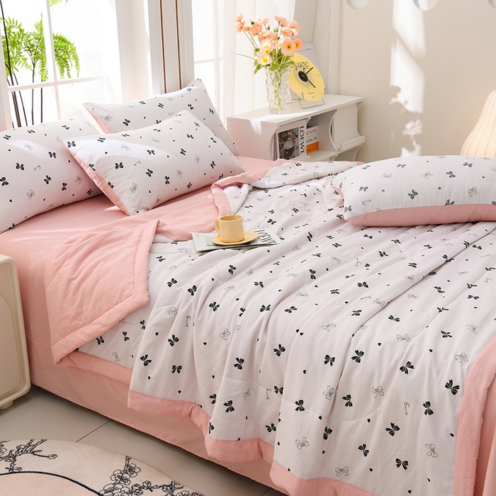 91家纺网 家纺一手货源 找家纺  盈超2024新款A类有氧提花泡泡纱床裙夏被四件套 蝴蝶结