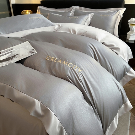 91家纺网 家纺一手货源 找家纺 古吉梦 2024新款水洗真丝提花四件套--迪梦  中灰+山灰