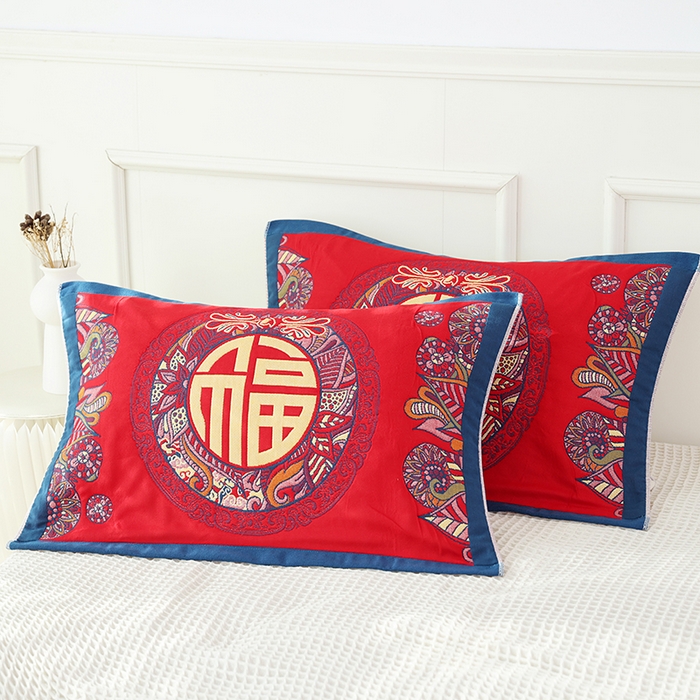 91家纺网 家纺一手货源 找家纺 朴尔毛巾被 2024年全棉加厚八层纱布喜庆民族风婚庆系列枕巾 福运满满 52*78cm