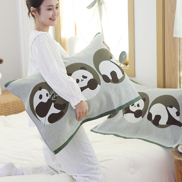 91家纺网 家纺一手货源 找家纺 朴尔毛巾被2024年新品全棉细纱编织纹AB版透气枕巾 花萌萌-绿52*78cm