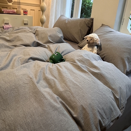 91家纺网 家纺一手货源 找家纺 蓝邻 2024新款全棉无印风全棉色织水洗棉单品被套 千鸟格-灰