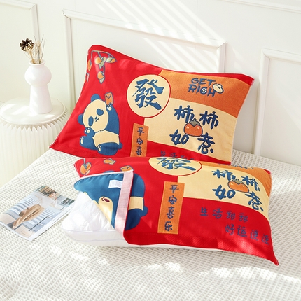 91家纺网 家纺一手货源 找家纺 （总）朴尔毛巾被 2024年全棉加厚八层纱布喜庆民族风婚庆系列枕巾