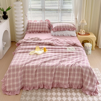 91家纺网 家纺一手货源 找家纺 美宜家 2025新款水洗棉麻印花夏被四件套 粉豆沙