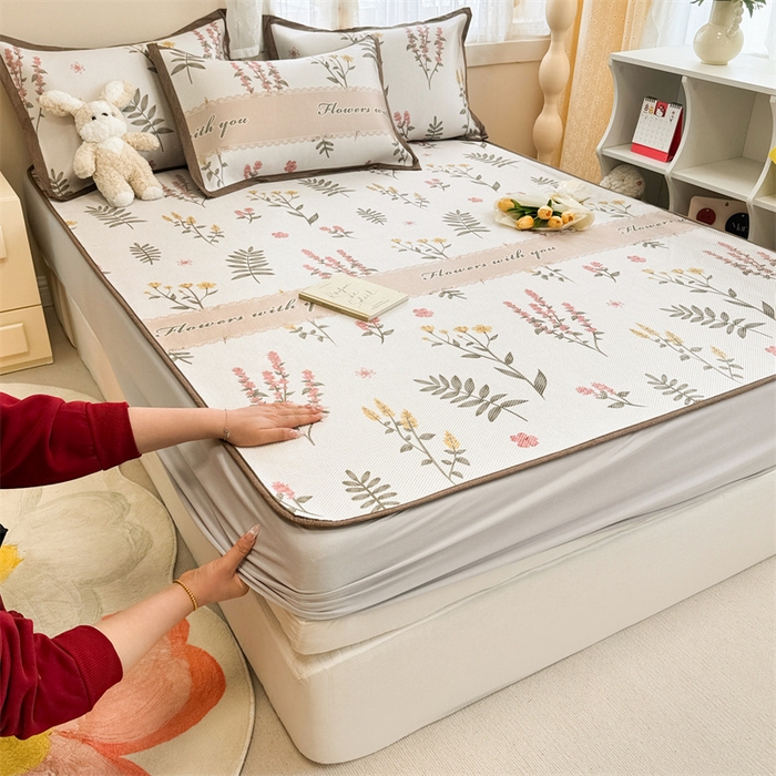 91家纺网 家纺一手货源 找家纺 懒猫家纺 2024新款600D数码印花冰藤凉席-床笠款 花枝招展-床笠款