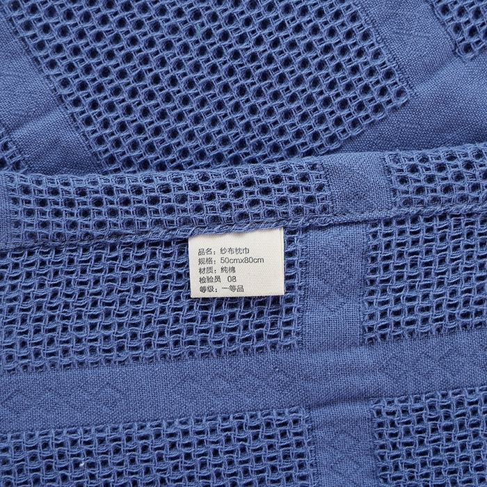 91家纺网 家纺一手货源 找家纺 朴尔毛巾被2024年新品全棉质朴方格风立体华夫格透气纱布枕巾 方格华夫格-深蓝枕巾50*80cm