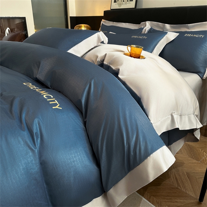 91家纺网 家纺一手货源 找家纺 古吉梦 2024新款水洗真丝提花四件套--迪梦  星空蓝+山灰