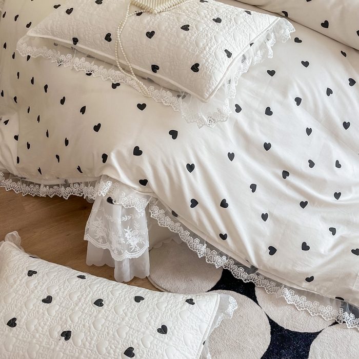 91家纺网 家纺一手货源 找家纺 添越 2024新款雪纺蕾丝款纯棉床盖四件套-比心