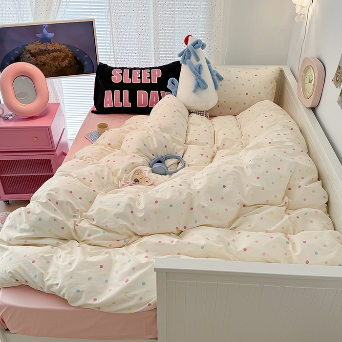 91家纺网 家纺一手货源 找家纺 昔可家纺 2024新款创意枕套全棉波点印花四件套 彩色点点