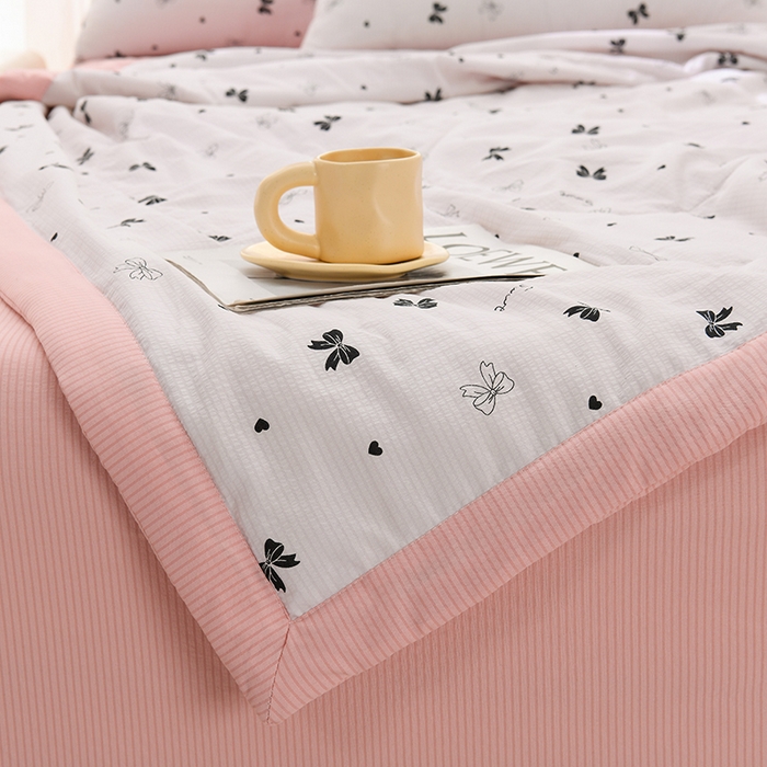 91家纺网 家纺一手货源 找家纺  盈超2024新款A类有氧提花泡泡纱床裙夏被四件套 蝴蝶结