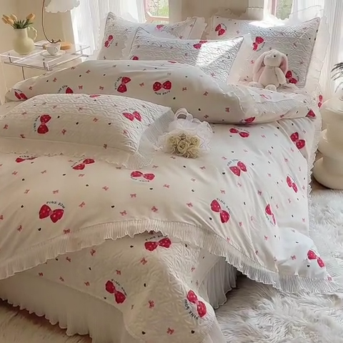 91家纺网 家纺一手货源 找家纺 添越 2024小清新韩版蕾丝花边纯棉夹棉床盖三件套全棉-蝴蝶结