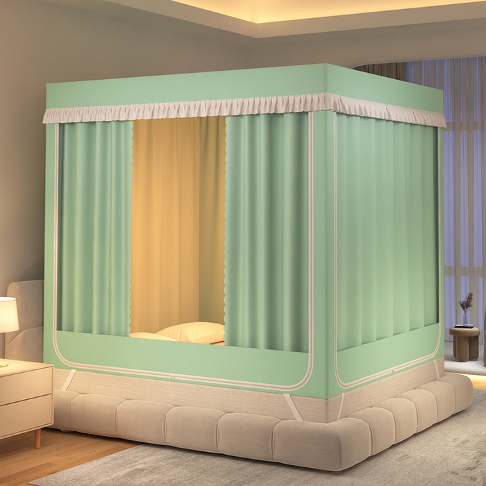 91家纺网 家纺一手货源 找家纺 世婕 2025新款坐床式防摔遮光蚊帐（免拼接烤漆支架）纯色帘子绿色