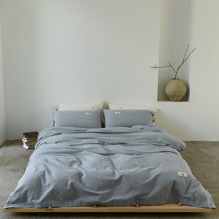 91家纺网 家纺一手货源 找家纺 山舍家居 2024 新款全棉棉麻纯色纽扣四件套 秋蓝