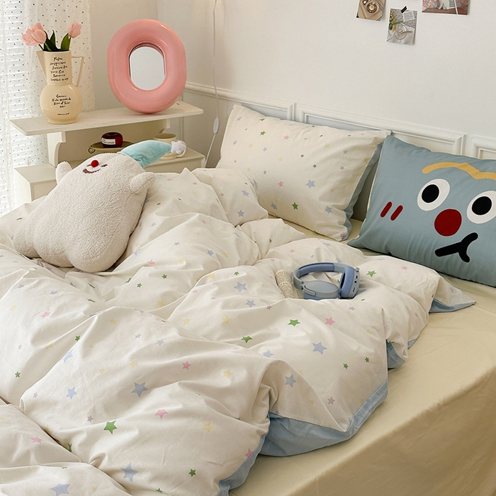 91家纺网 家纺一手货源 找家纺 昔可家纺 2024新款创意枕套全棉波点印花四件套 奶味星星