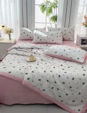 91家纺网 家纺一手货源 找家纺  盈超2024新款A类有氧提花泡泡纱床裙夏被四件套 蝴蝶结