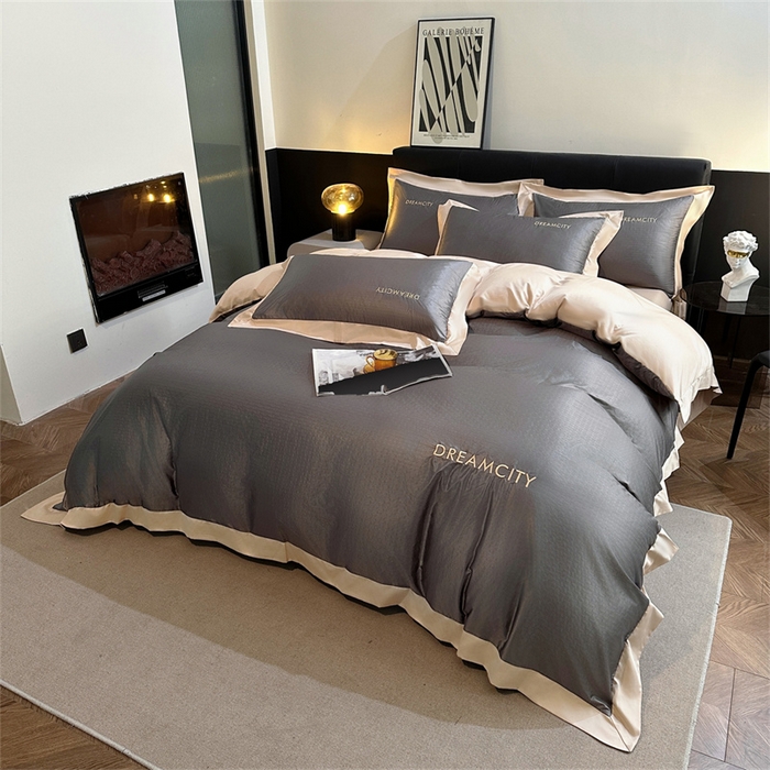 91家纺网 家纺一手货源 找家纺 古吉梦 2024新款水洗真丝提花四件套--迪梦  高级灰+奶茶