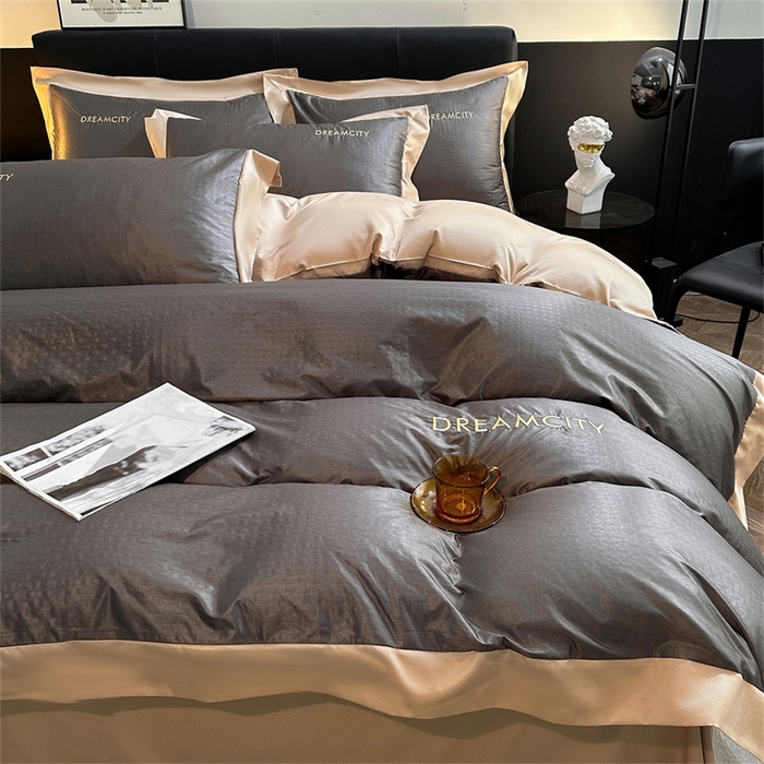 91家纺网 家纺一手货源 找家纺 古吉梦 2024新款水洗真丝提花四件套--迪梦  高级灰+奶茶