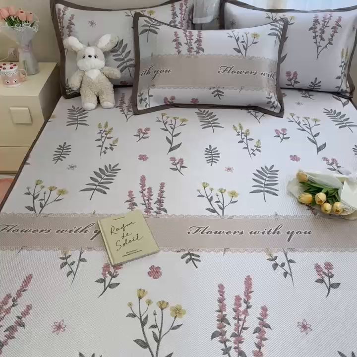 91家纺网 家纺一手货源 找家纺 懒猫家纺 2024新款600D数码印花冰藤凉席-床笠款 花枝招展-床笠款