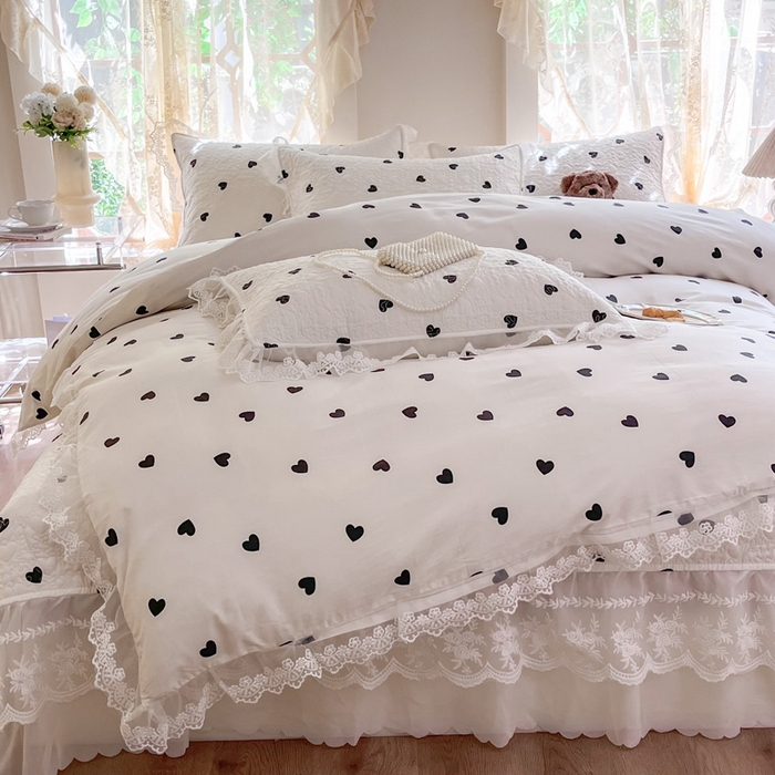 91家纺网 家纺一手货源 找家纺 添越 2024新款雪纺蕾丝款纯棉床盖四件套-比心