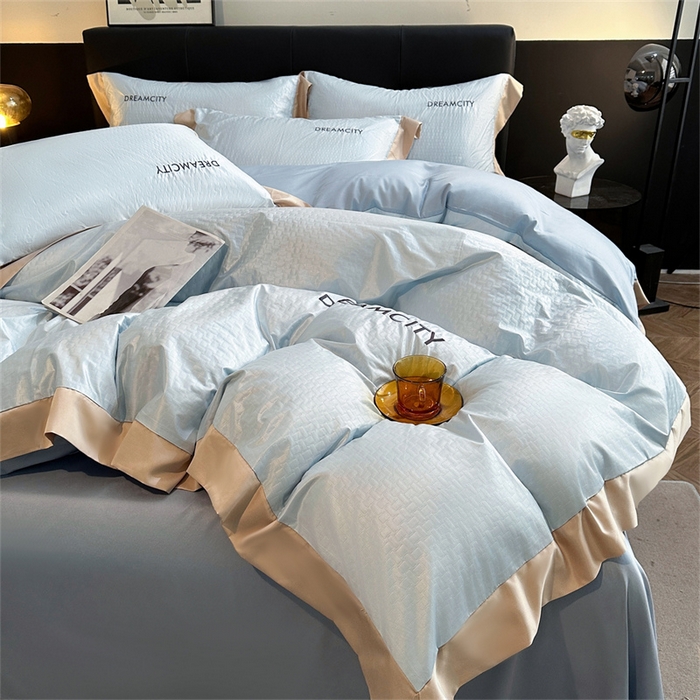 91家纺网 家纺一手货源 找家纺 古吉梦 2024新款水洗真丝提花四件套--迪梦  天空蓝+海青